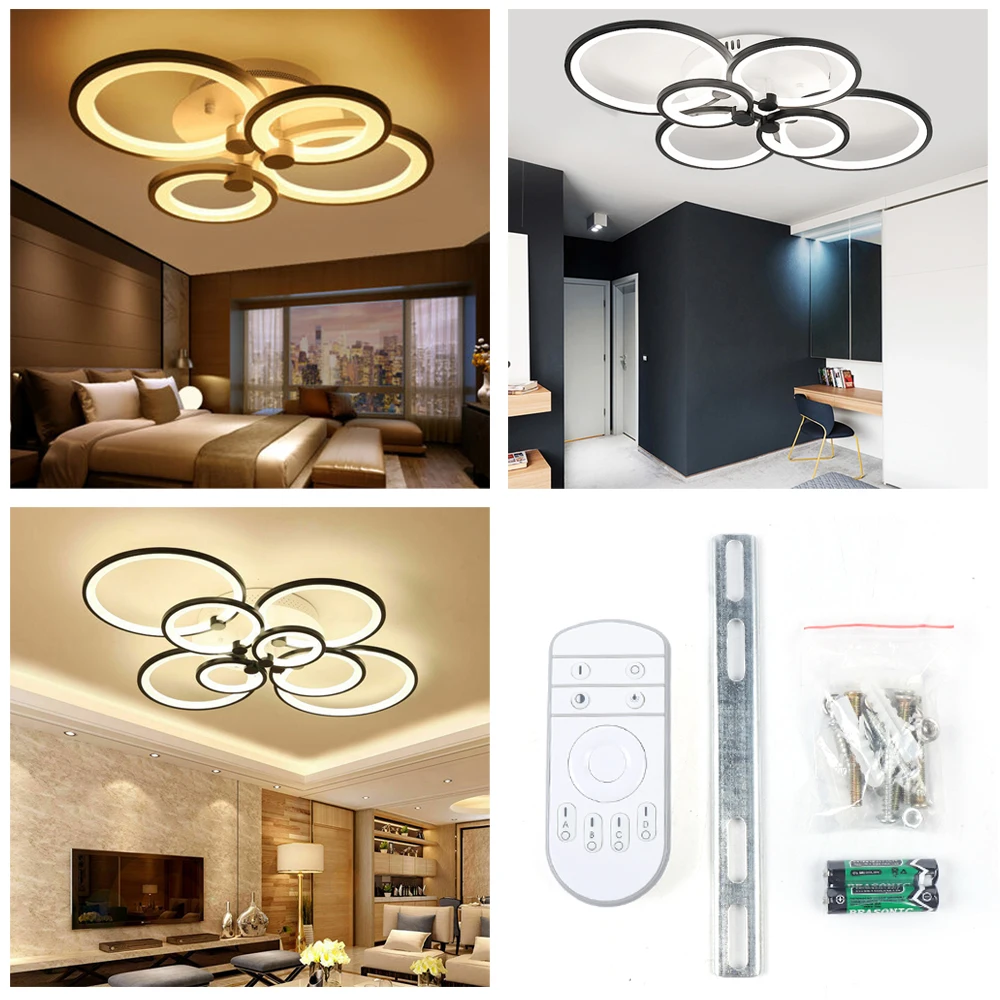 Moderno LED Acrílico Luz de Teto com Controle Remoto, Lustre, Lâmpada de Montagem Flush, 4 Cabeças, 60W, Preto