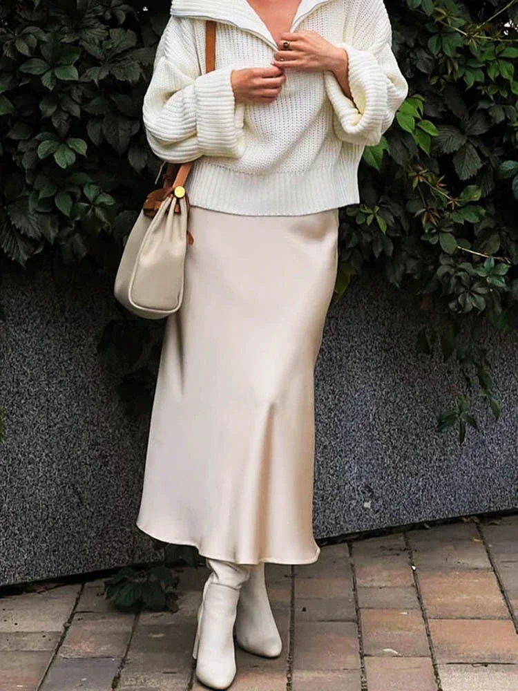 Women's Long Skirt New Fashion Satin Skirt Office Lady Elastic Waist Solid Champagne Purple Red Silk A-LINE Skirt for Women
