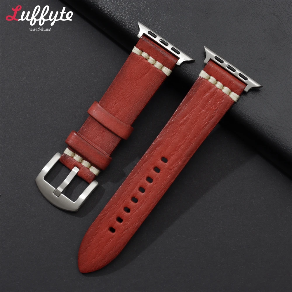 Retro Vegetable Tanned Leather Watchband for Apple Watch 9 8 7 6 5 4 3 SE Wrist Strap 38/40/41/42/44/45/49mm for iwatch