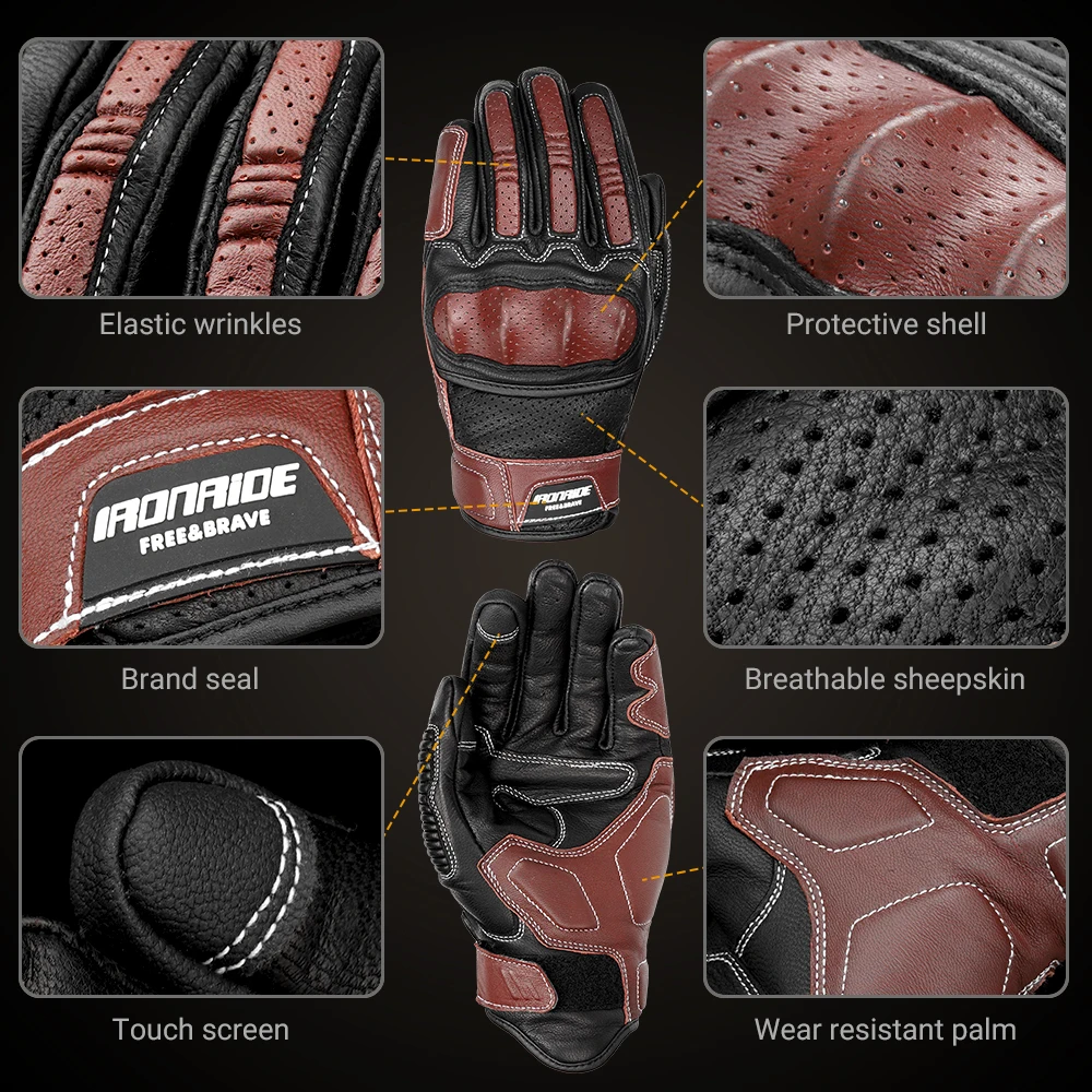 Vintage Leather Motorcycle Gloves Breathable Perforated Design Touchscreen Compatible Men Riding Gloves for Cafe Racer Cruiser