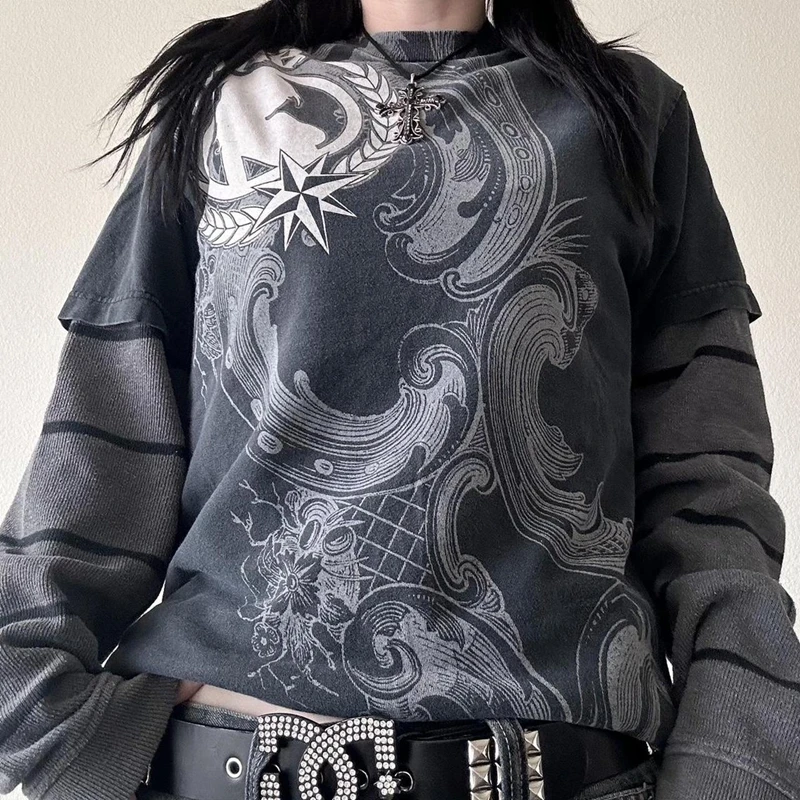 Grunge Cyber Mall Goth Y2K T-shirt Skulls Skeleton Print Long Sleeve Sweats Tees Vintage 00s Emo E-girl Gothic Pullover Tops