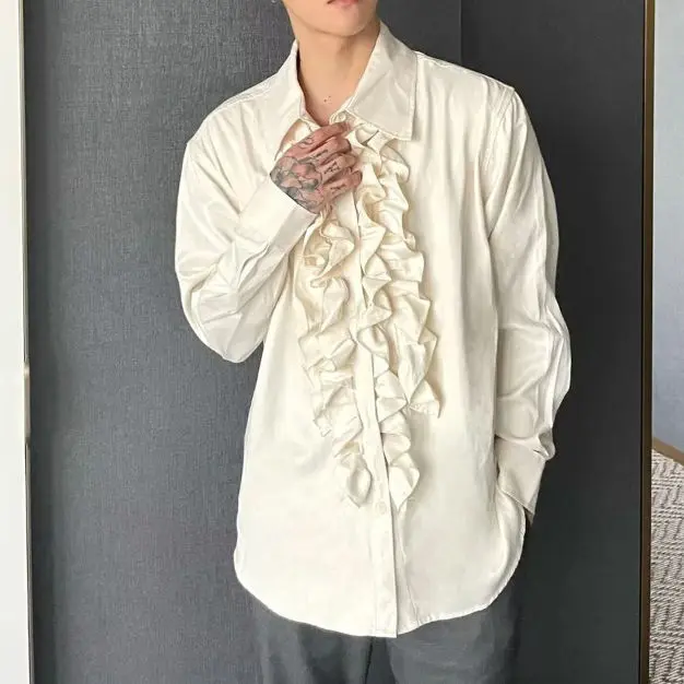 Medieval Palace Style Standing Collar Lotus Leaf Placket Long Sleeve Shirt Neutral Style Design Shirt Men's Performance Costume
