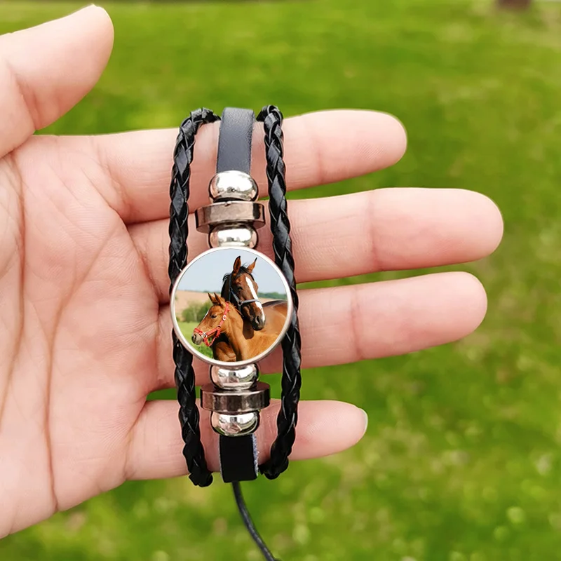 جلد الحصان سوار للرجال النساء صديق أسود أبيض براون الحصان الحيوان نمط اليدوية مطرز الأساور المنسوجة مجوهرات الاطفال #4