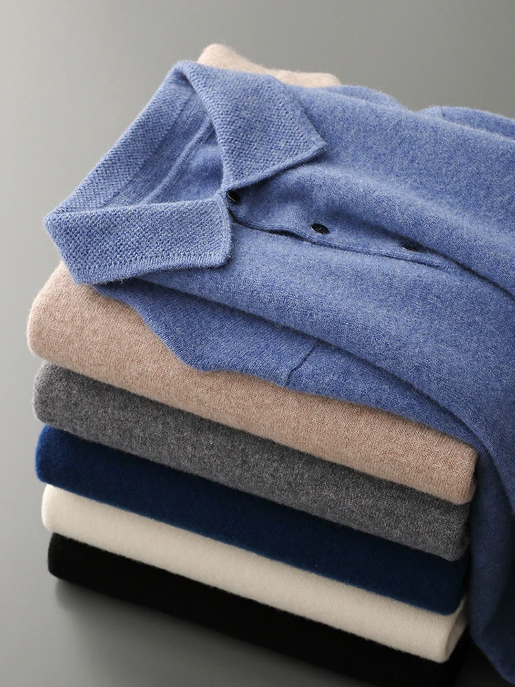 100% Australian Wool Men Lapel Pullover Long Sleeve POLO Neck Sweaters Loose Warm Tops Knitted High-quality Clothing
