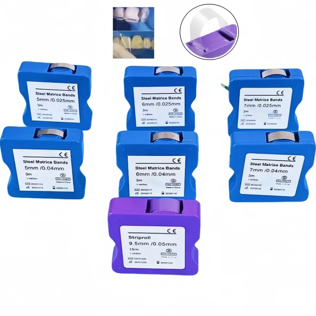 1roll Dental Matrix Bands 5/6/7/9.5mm Stainless Steel Resin Matrice Strip Tooth Restoration Dental Contouring 0.025/0.04/0.05mm