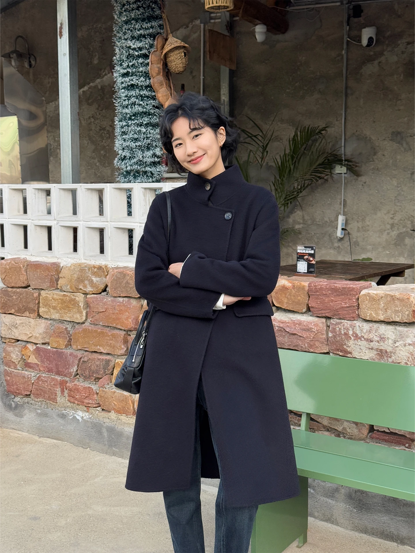 

Модное длинное шерстяное пальто Zhou Xiaoya королевского синего цвета для женщин, весна 2026, двустороннее, из смесовой шелковой и верблюжьей шерсти, с открытым передом