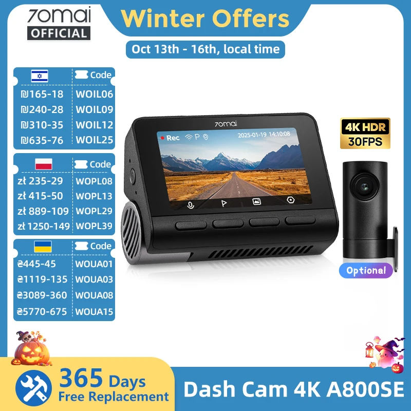70mai Dash Cam 4K A800SE UHD Support Dual-Channel 24H Parking HDR Supercapacitor Wifi 6 Voice Control Upgraded of 70mai A800S