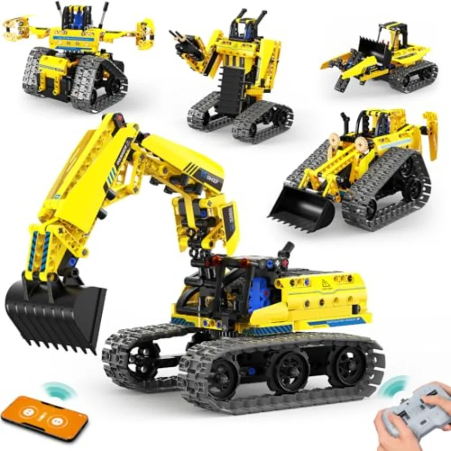STEM robotics kit for kids age 6-14: 430-piece building toys in gray and blue, featuring APP remote control excavator, durable