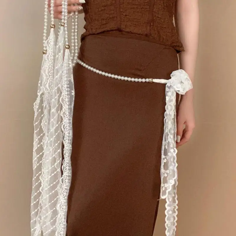 

Джинсовый платье-пояс с искусственным жемчугом и цветочным бантом Y2k Кружевная поясная цепочка
