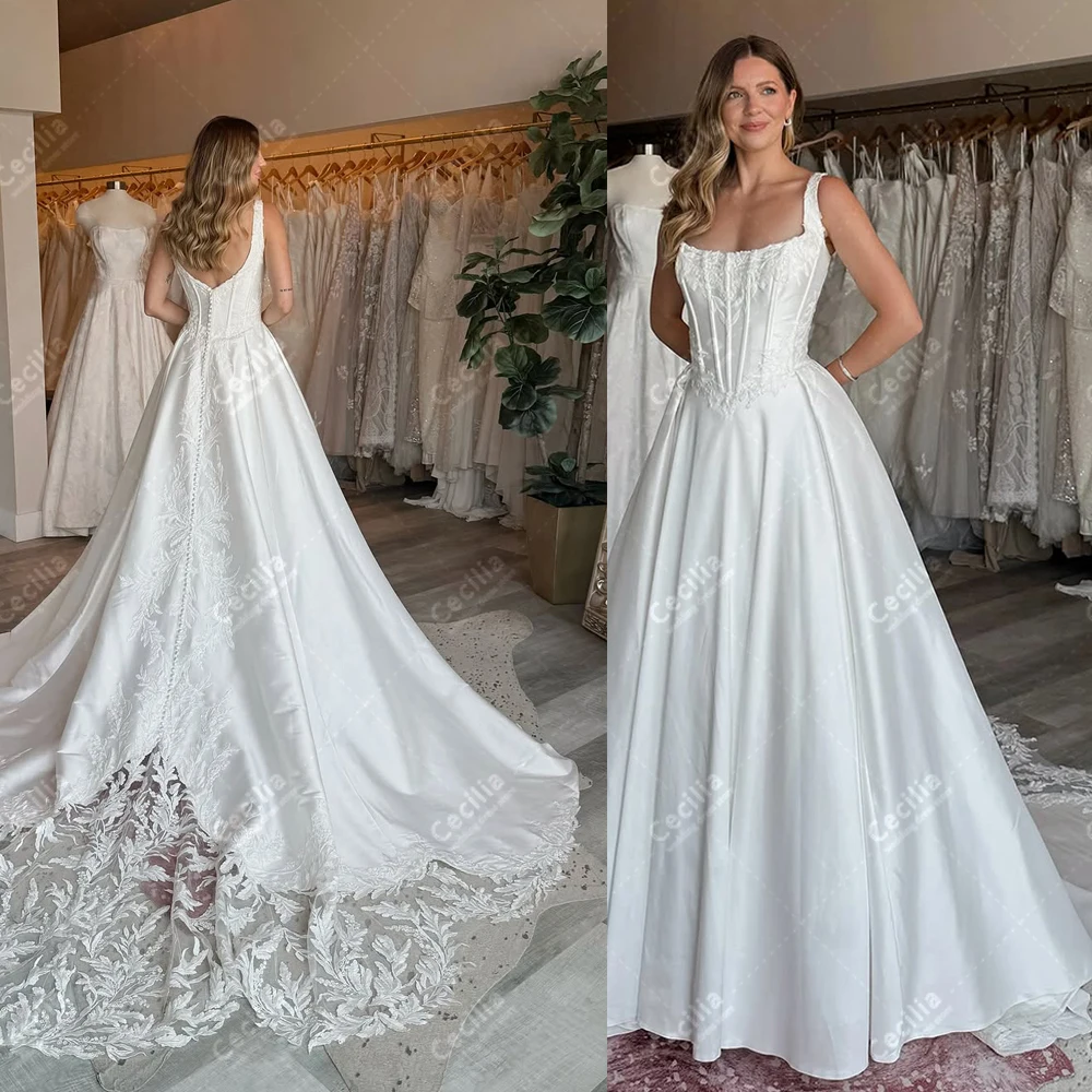 Glamorous Women's Wedding Dresses A Line Satin Bridal Gowns Sweep Train Robes Lace Appliques Pretty Vestidos De Novia Customized