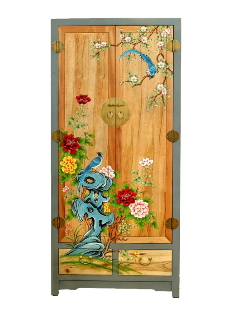 Hand-Painted Wardrobe Camphor Wood Solid Wood Wardrobe Antique Wardrobe Classical Painted Bedroom Double-Door Closet