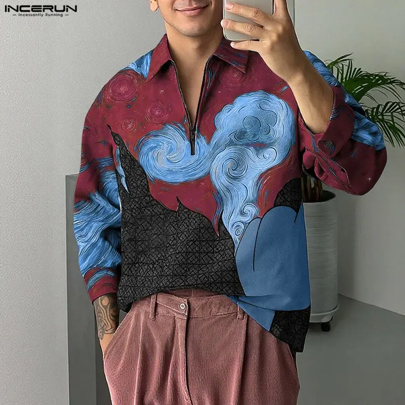 INCERUN Kemeja Pria Kerah Cetak Lengan Panjang Ritsleting Pakaian Pria Kasual Atasan Santai Fashion Longgar Pakaian Jalanan Kemeja Pria S-5XL