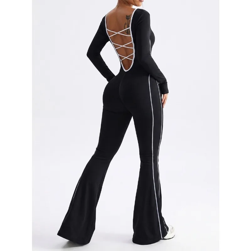 Women Seamless Color Block Yoga Jumpsuit Cross Strap Butt Lifting Flared Leg Bodysuit Gym Workout Fitness Sport One Piece Outfit