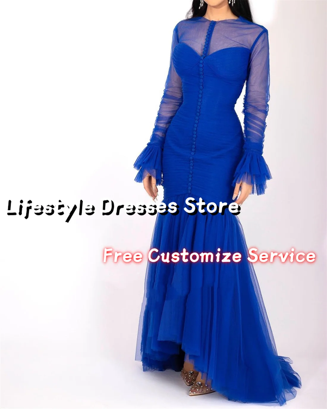 Customized Royal Blue Buttons Prom Dresses Tulle Long Flare Sleeves Mermaid Evening Dresses Party Gown Formal Occasion Dress