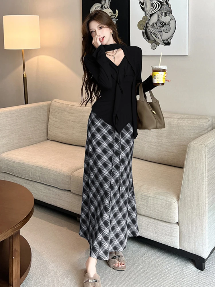 우아한 캐주얼 투피스 여성복 달콤한 니트 탑 티셔츠 롱 스커트 세트 여성 데일리룩 스트릿 데이트 의류 봄