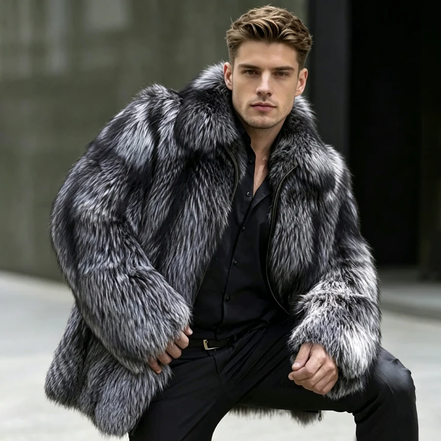 Real Silver Fox Fur Jacket With Collar Natural Fox Fur Full Skin Jacket Furry Jacket Best Selling Men's Winter Jacket