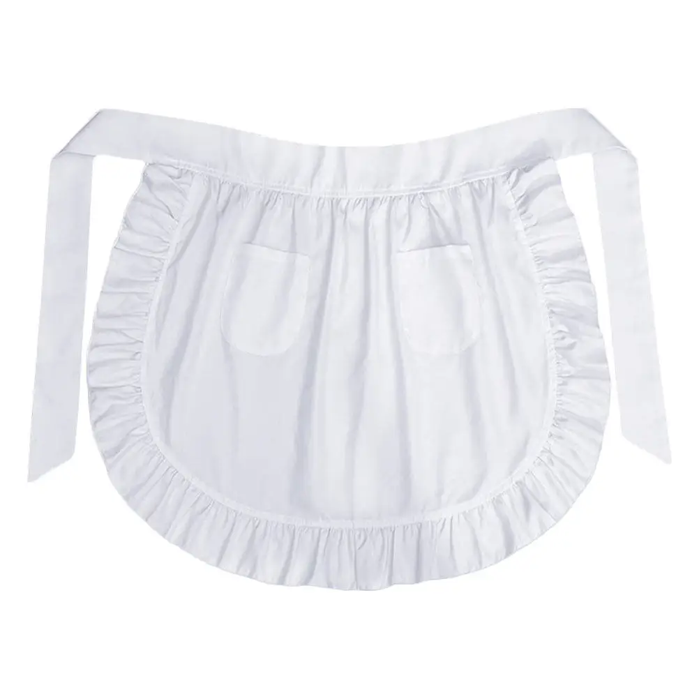 

White European Style Maid Apron Half Waist Soft Polyester Ruffled Edges 2 Pockets Kitchen Cooking Waitress Server