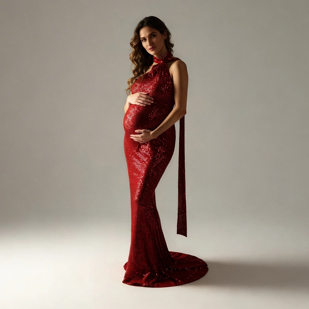 

Maternity Photoshoot Dresses Red Sequin Halter One-Shoulder Dress for Pregnant Women Evening Dresses Maternity Clothes YW260315D