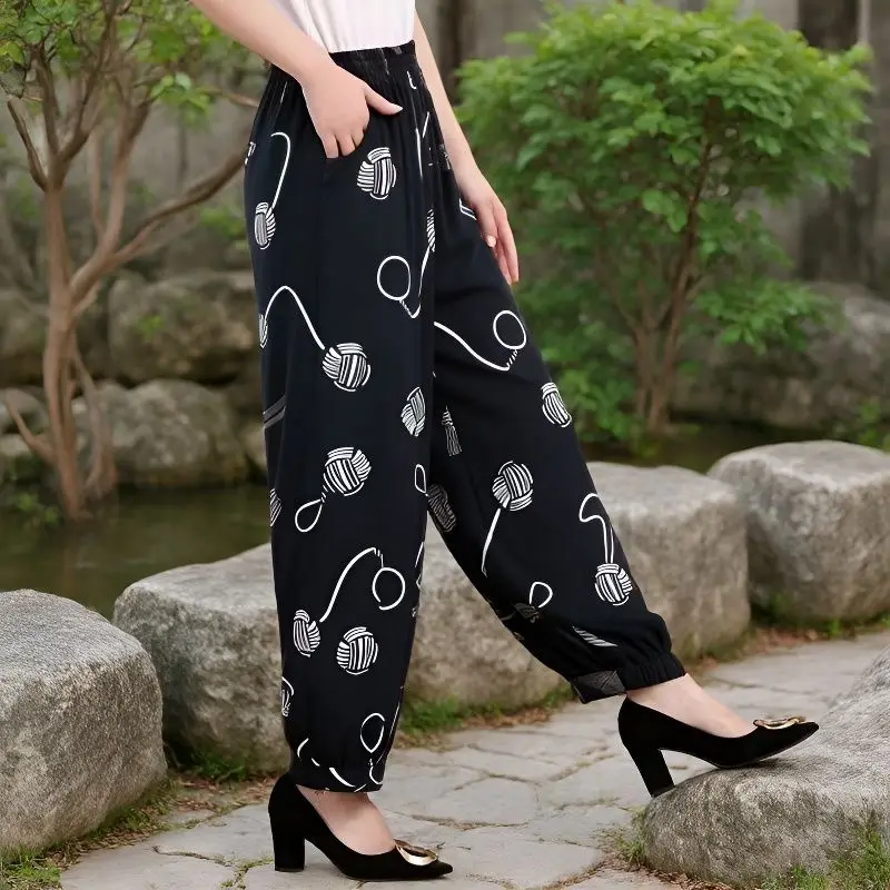 Loose Cotton Silk Wide Leg Lantern Pants for Middle-Aged And Elderly Women Casual Ethnic Style Square Dance Trousers 2025 New
