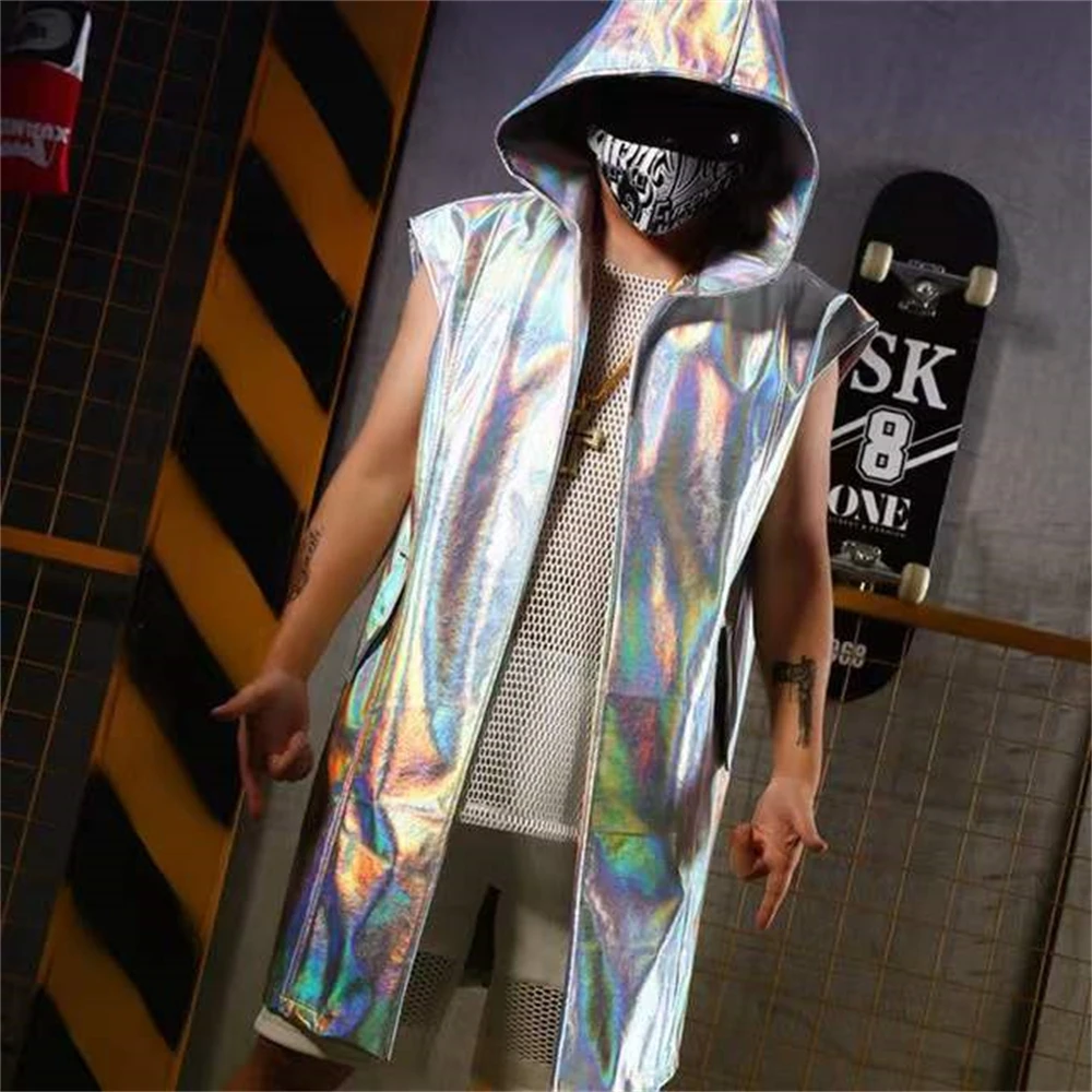 

Singer Long Suit Nightclub Men PU Leather Silver Hooded Sleeveless Cloak Gogo Dance Costume Rave Clothes Bar Stage DJ Costumes