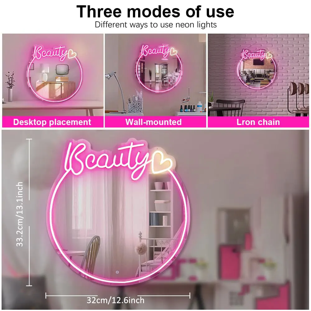 헬로 고저스 네온 사인 거울, 벽 장식 아트용, 화려한 네온 거울 조명, 소녀 방 드레서, 따뜻한 흰색 거울 조명