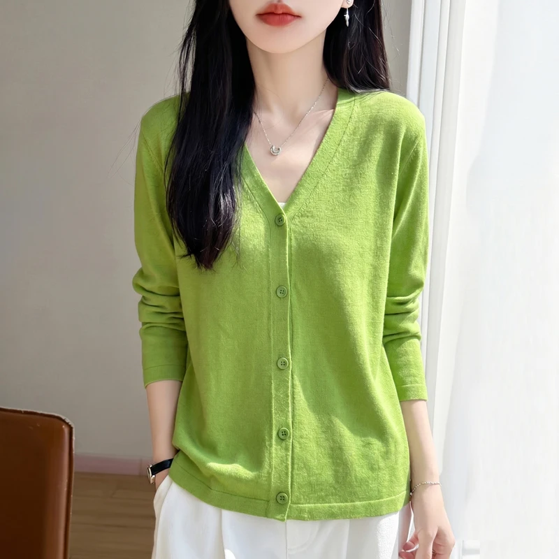 Women's Soft Style Ice Silk Solid Color V-Neck Knitted Open Cardigan Thin Loose Slimming Long Sleeve Air Conditioning Overhead S