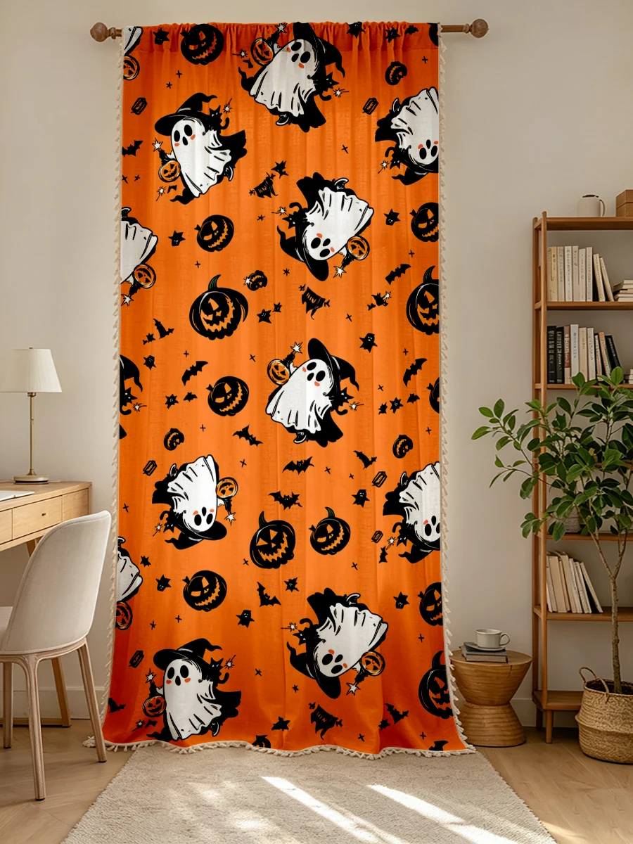 1PC Halloween Fall Tassel Sheer Curtains, Ghost Pumpkin, Digital Print, Linen Polyester, Bedroom Living Room, Home Decor