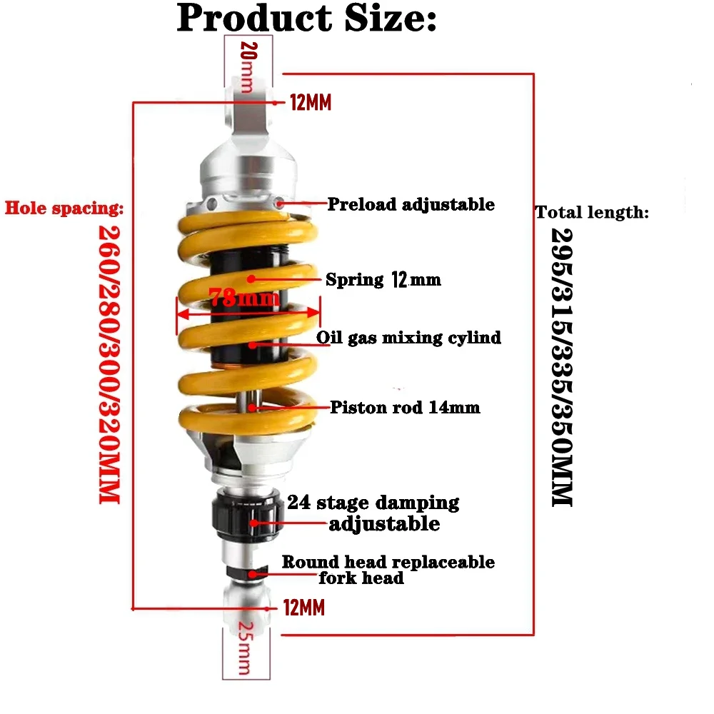 Universal 260/280/300/320MM Motorcycle Middle Rear Shock Absorber  Preload Damping Adjust For Honda Suzuki GSX250/250R Z125Pro