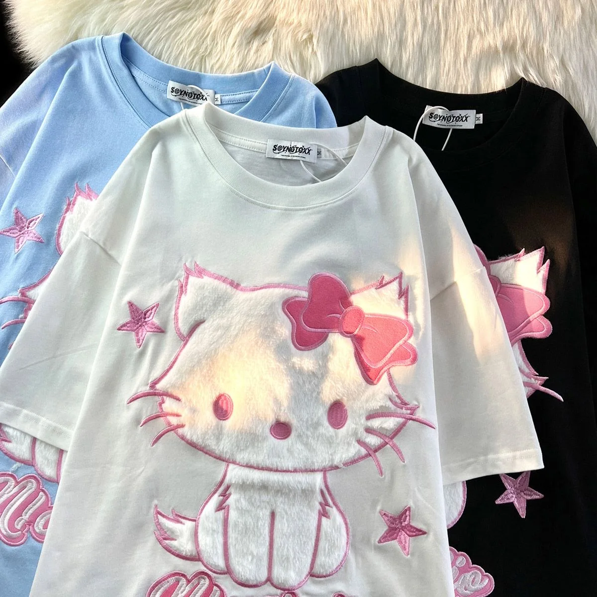 Sanrio Hello Kitty T shirts 100% Cotton Cartoon Embroidery Plush Summer T shirts Women Oversized Loose Tees Harajuku Streetwear