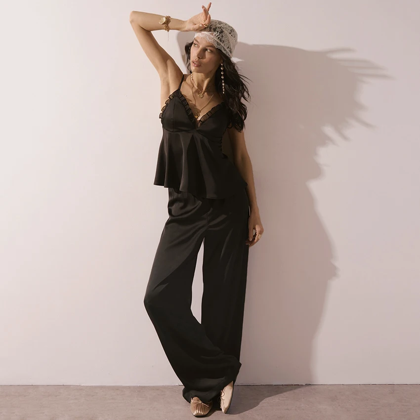 

HiLoc Casual Ruffles Pants Suits Pajamas Women Home Spaghetti Strap Vest With Wide Leg Pants Two Piece Sets 2026 Silk Pyjamas