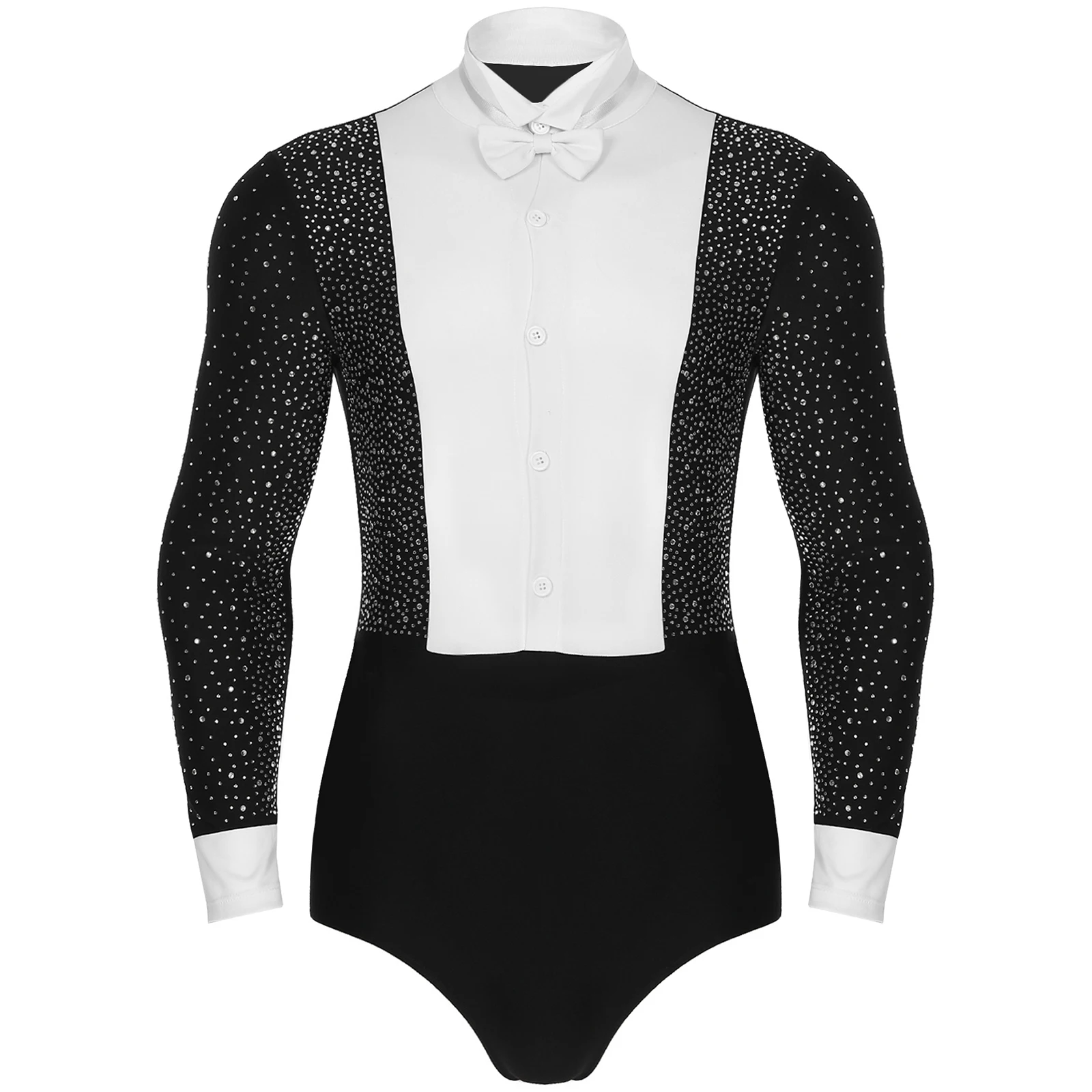 

Mens Latin Dance Leotard Rumba Cha-cha Ballroom Long Sleeve Rhinestones Dance Bodysuit with Bowtie Stage Performance Dancewear