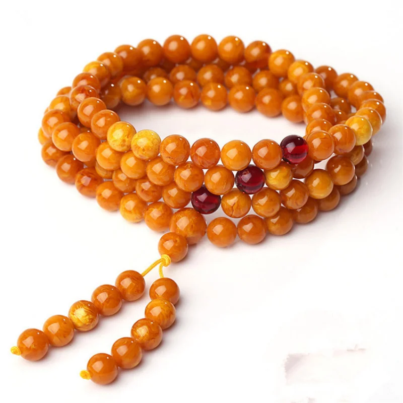 Old Beeswax Bracelet Multi-Circle Amber round Beads Bracelet Yellow Chicken Grease Ethnic Style108Beads Bracelet for Men and Wom