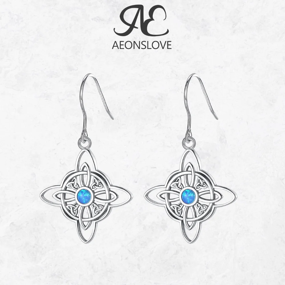 AEONSLOVE 925 Sterling Silver Witches Knot Earrings Blue Opal Celtic Drop Earrings Wicca Pagan Jewelry Spiritual Gifts for Women