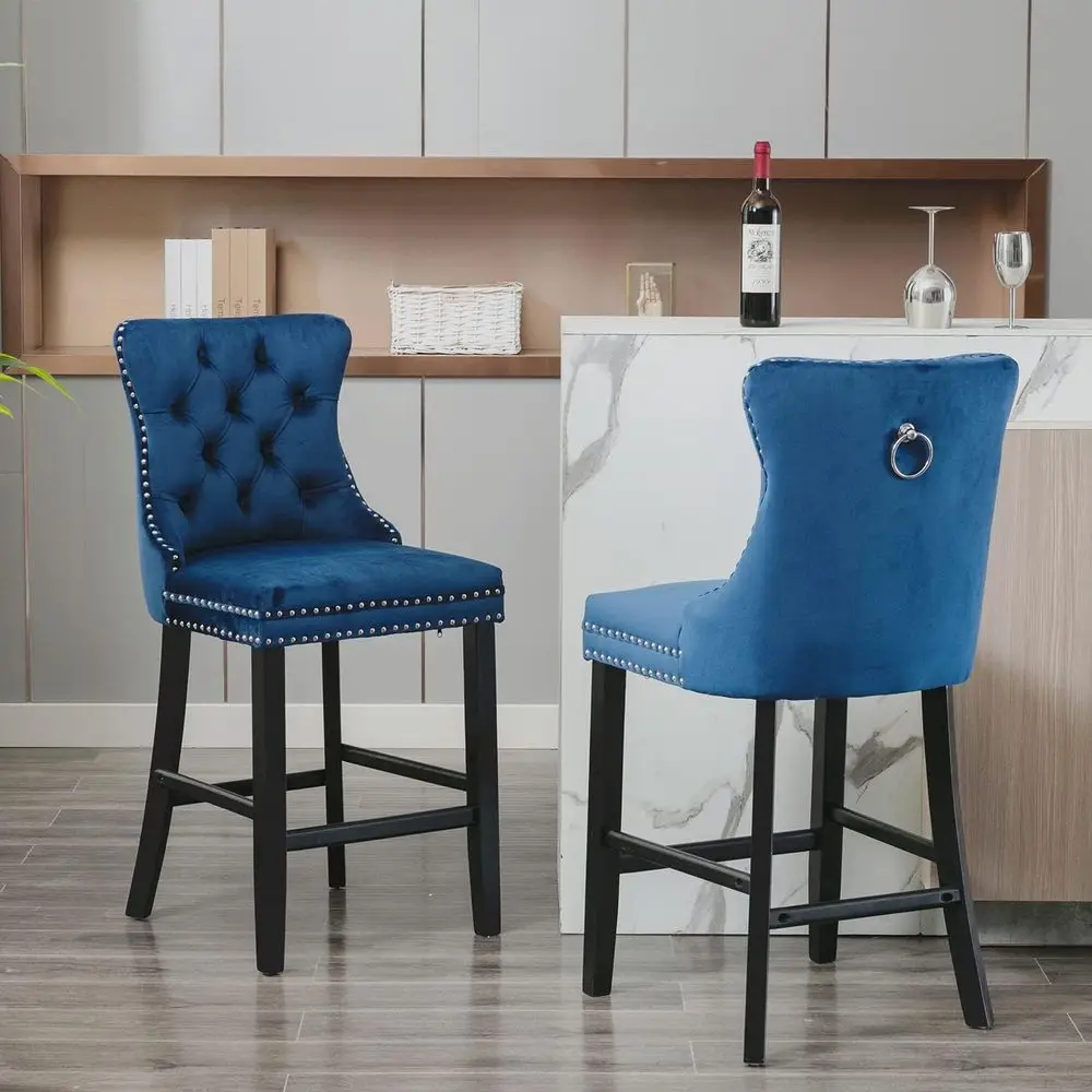

Набор из 2-х синих барных стульев высотой 27 дюймов с мягким сиденьем, декоративной отделкой пуговицами и гвоздиками, деревянные ножки