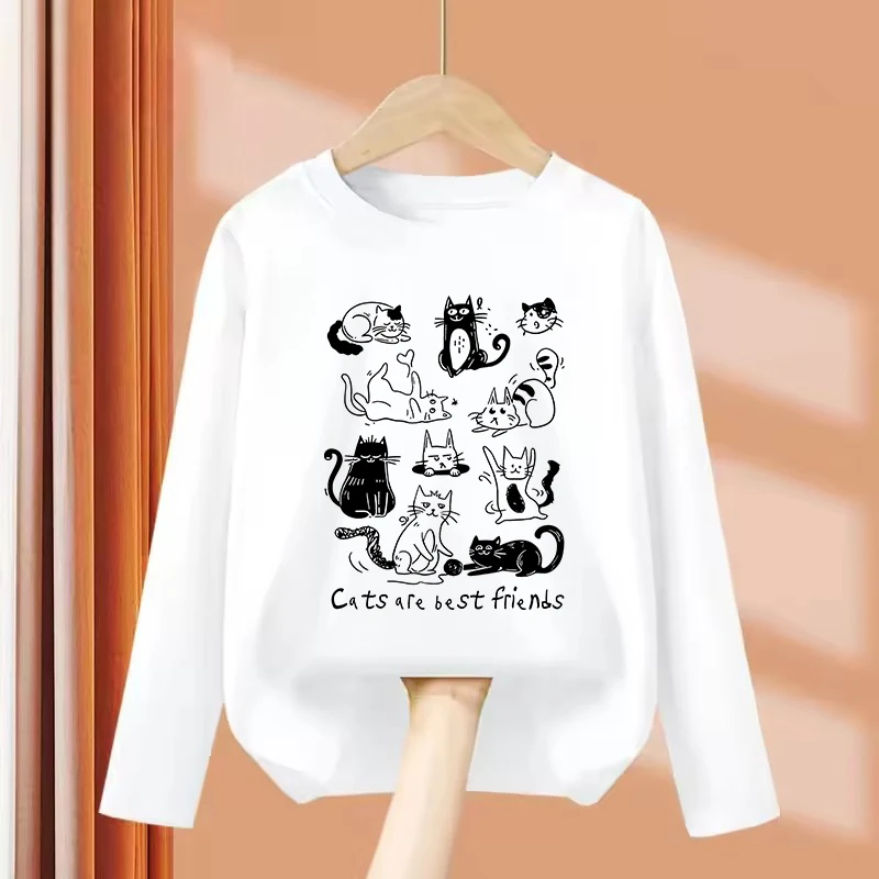 Long Sleeve Cat Are Best Friends Design Printed T Shirts Kids Children's T-shirt Boys Girls Summer Spring Casual Top Tee Shirt