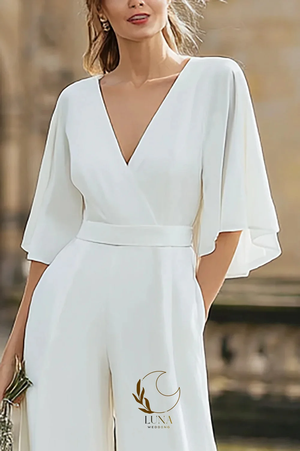 Luna Customized V-Neck Half Sleeves Long Wedding Jumpsuits with Pockets Simple Elegant Bridal Wedding Party vestido de noiva