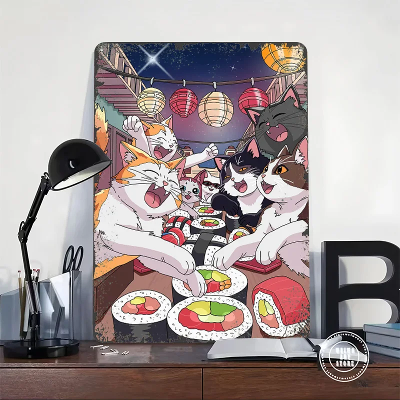 Cats Enjoying Sushi Under Lanterns Personalized 3D Textured Metal Poster Wall Art Tinplate Sign for Aesthetic Room Decor Men