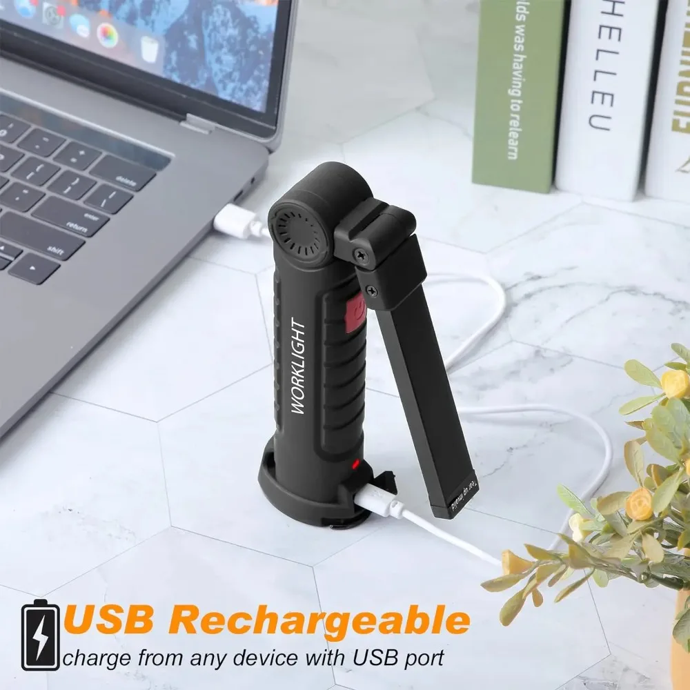 High Power COB LED Work Light Magnetic Base Hook USB Rechargeable Flashlight 5 Modes 360°Rotating Portable Handheld Flashlight