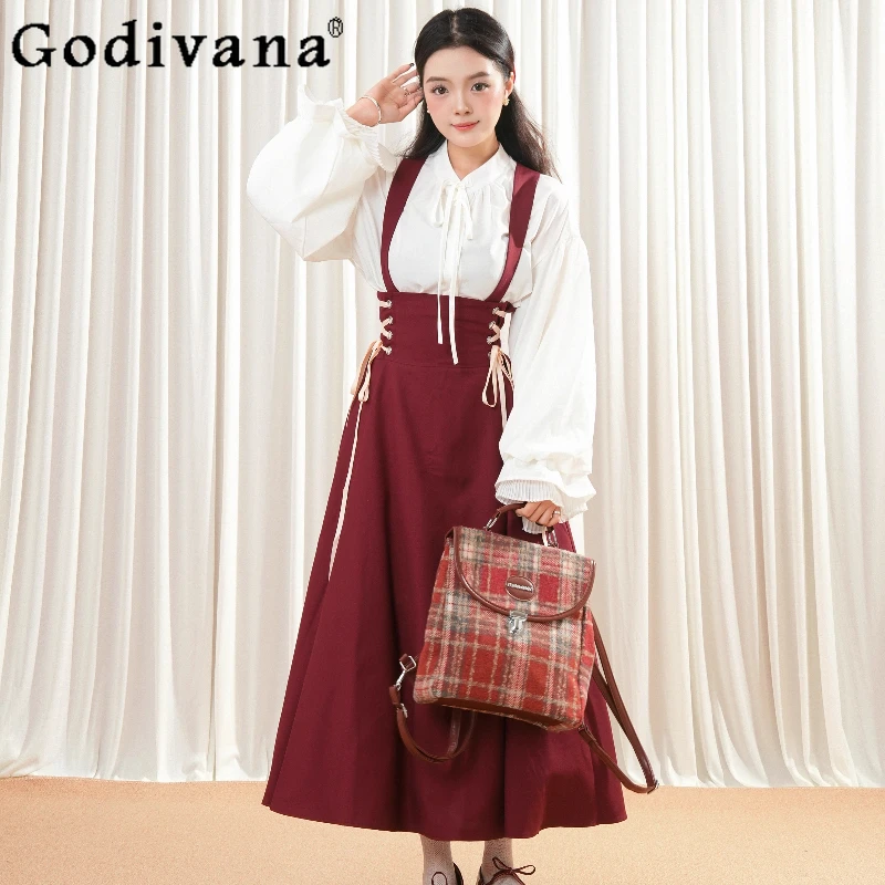

White Lantern Sleeve Shirt Strap Dress Set for Women Autumn High Waist Red Lolita Style Outfits Girls Spring Japanese Dress Suit