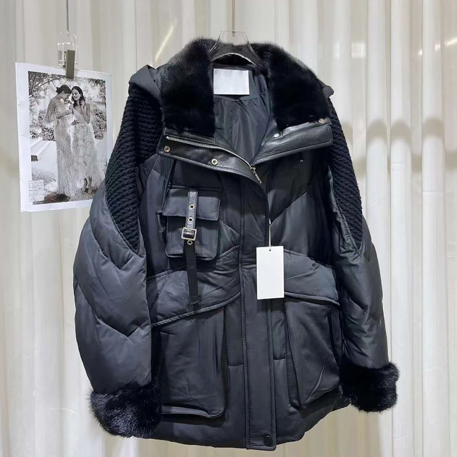 Puffer Down Coat Mink Real Fur Collar Hood Short Goose Down Jacket Women Winter Warm Down Coats
