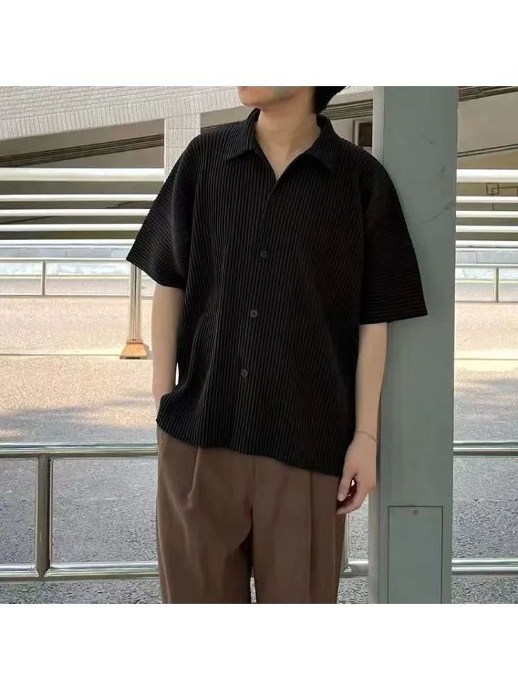 

Miyake Pleated Men's Shirt Summer Solid Color Korean Version Men's Lapel Short Sleeved Cardigan Casual Loose Men's Jacket