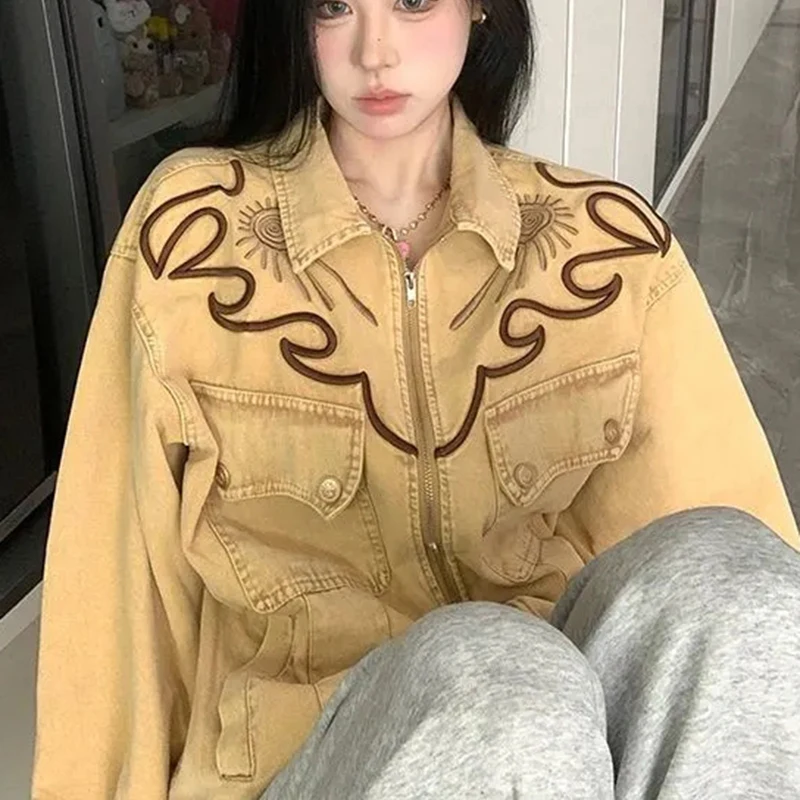 

American Vintage Embroidered Denim Jacket Women Harajuku Y2K Zip Loose Coat Long Sleeve Spring Fall Pocket Street Casual Outwear