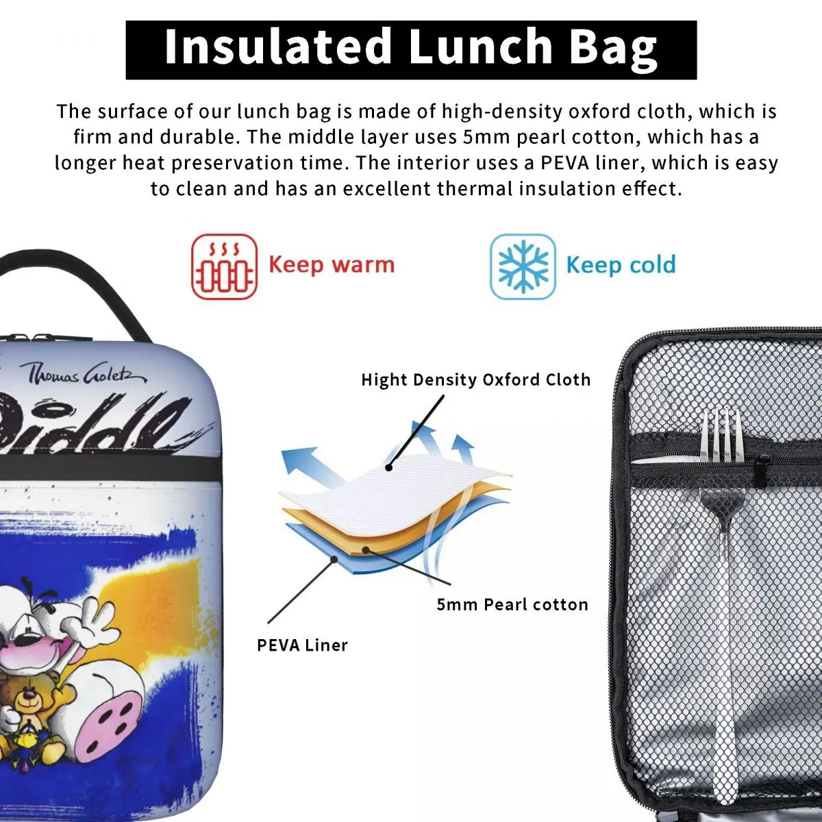 D-Diddles لطيف الكرتون معزول أكياس الغداء حاوية الغداء الكبيرة حقيبة للحفاظ على البرودة حمل علب الاغذية كلية نزهة بينتو الحقيبة #5