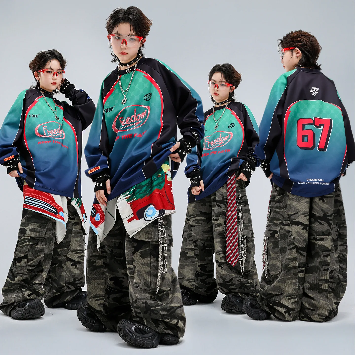 

Одежда в стиле хип-хоп для мальчиков, контрастный свитшот, камуфляжные брюки-карго, джинсы для девочек в стиле K-pop, детская уличная одежда, комплект одежды для джазовых танцев для детей