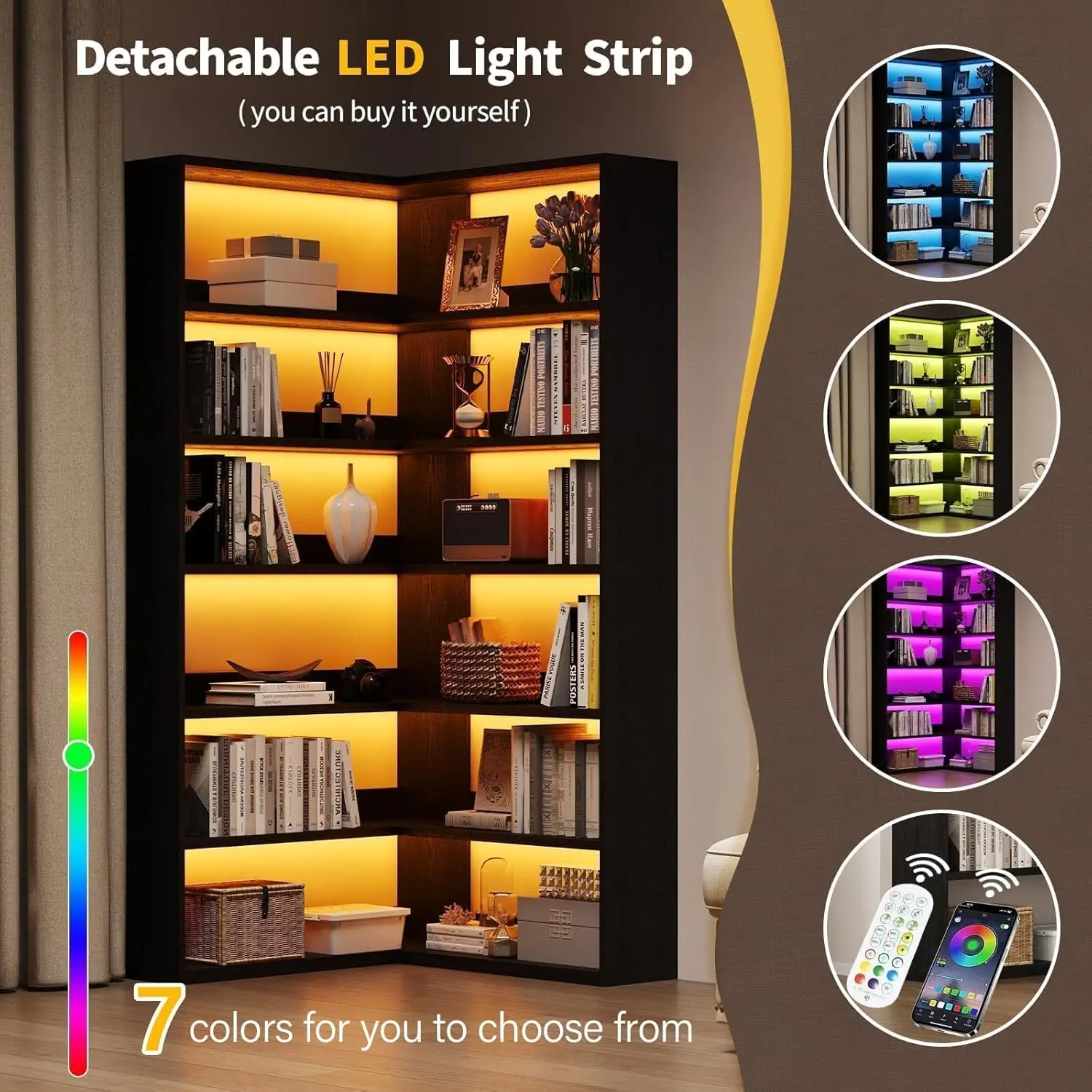 رف كتب على شكل حرف L مقاس 71 بوصة مع أضواء LED، أسود