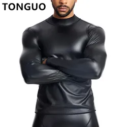 Camisa de cuero de manga larga para hombres, ropa interior delgada, moldeadores de cuerpo, entrenador de cintura, Corsés, ropa moldeadora de barriga, camisas de cuero, cuello levantado