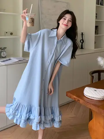 여성 플러스 사이즈 여름용 폴로 칼라 스플라이스 드레스 – 느슨한 핏의 안티 에이징 피쉬 테일 스커트, 하이 웨이스트 반팔 한국 스타일