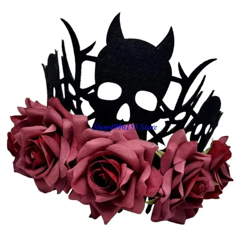 Q0ke Halloween -kopstuk Witch Devil Crowns met rozenbloemontwerp zachte stof kostuum accessoire voor volwassenen kinderen