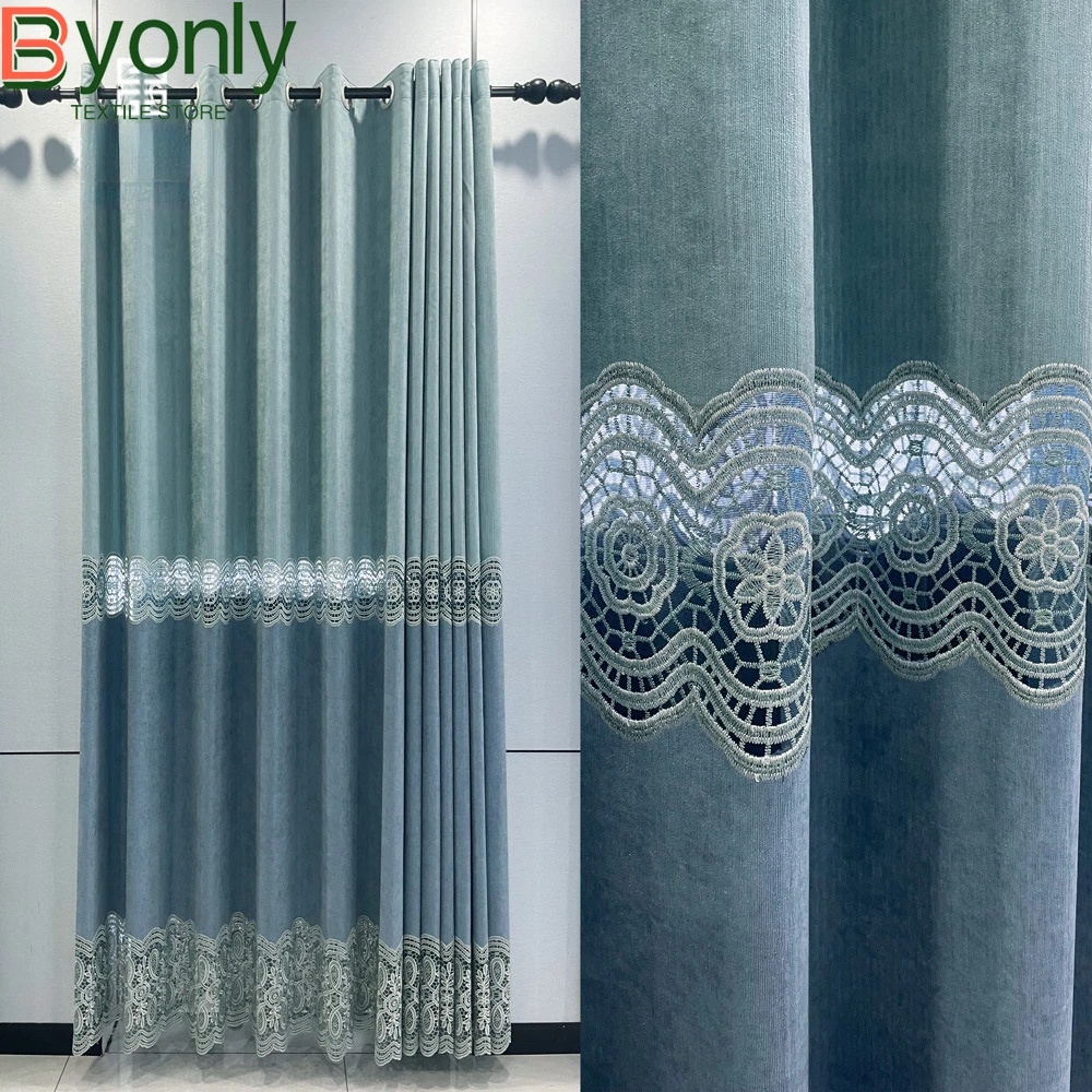 

Customized Water Blue Soluble Embroidery Window Screen Hollowed Out Chenille Curtains for Bedroom Living Room French Window