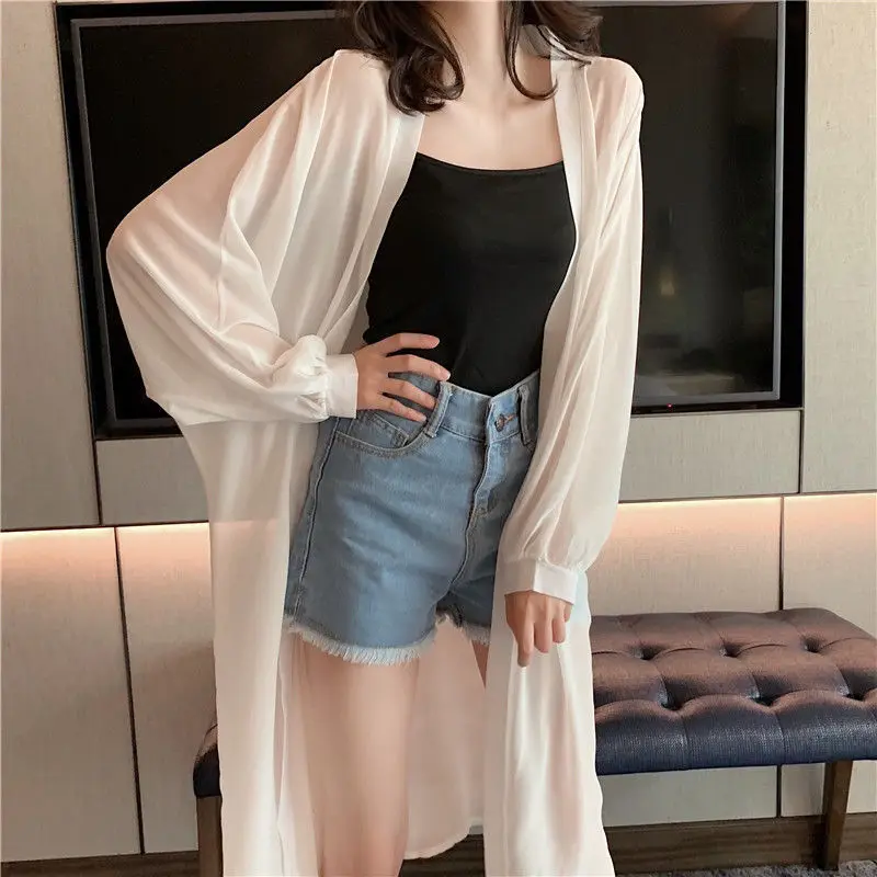 Summer New Uv-protection Wear Women Korean Chic Loose Jacket Basics Chiffon Double Collar Design Lantern Sleeve Cardigan